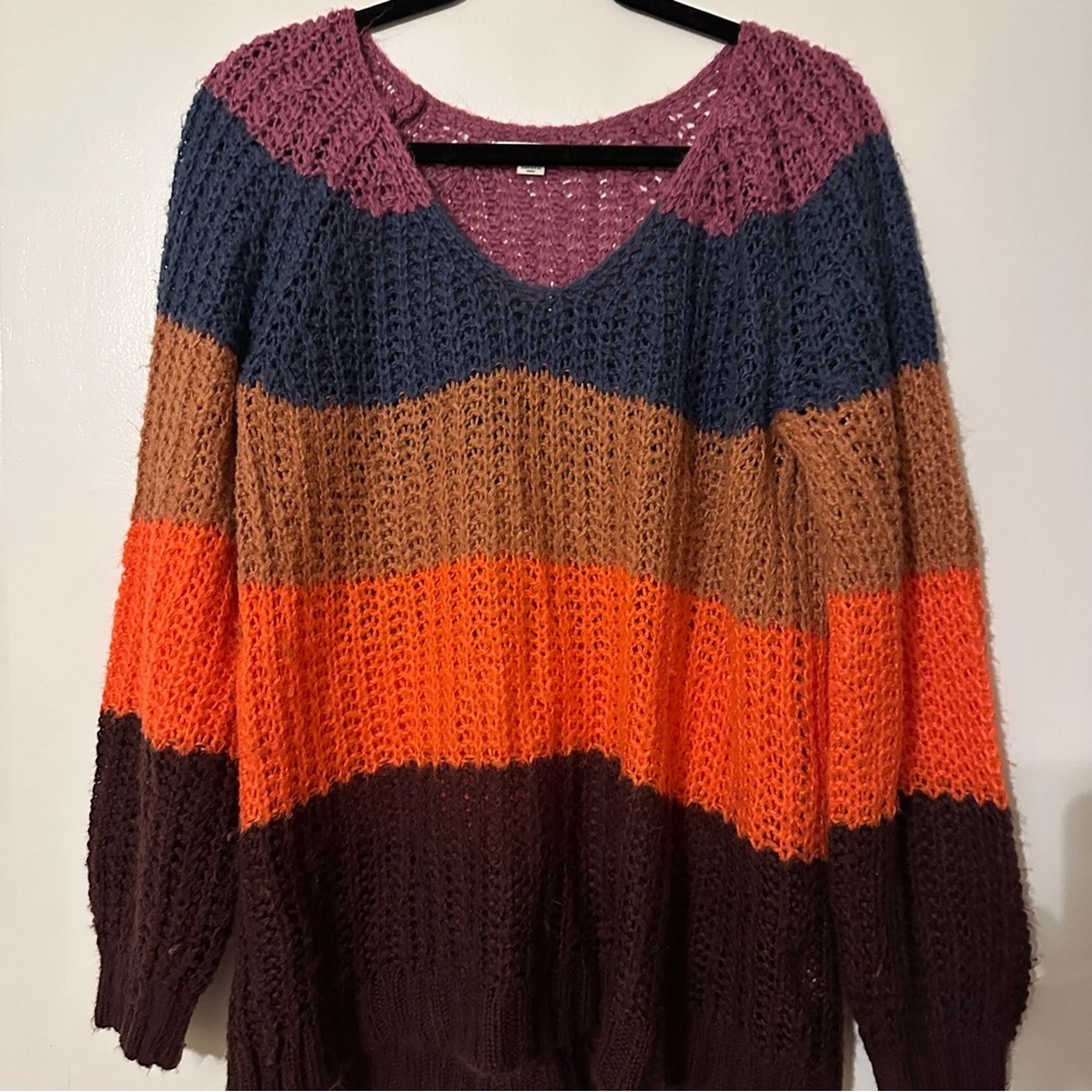 American Eagle V-Neck Color Block striped Sweater Women M oversized